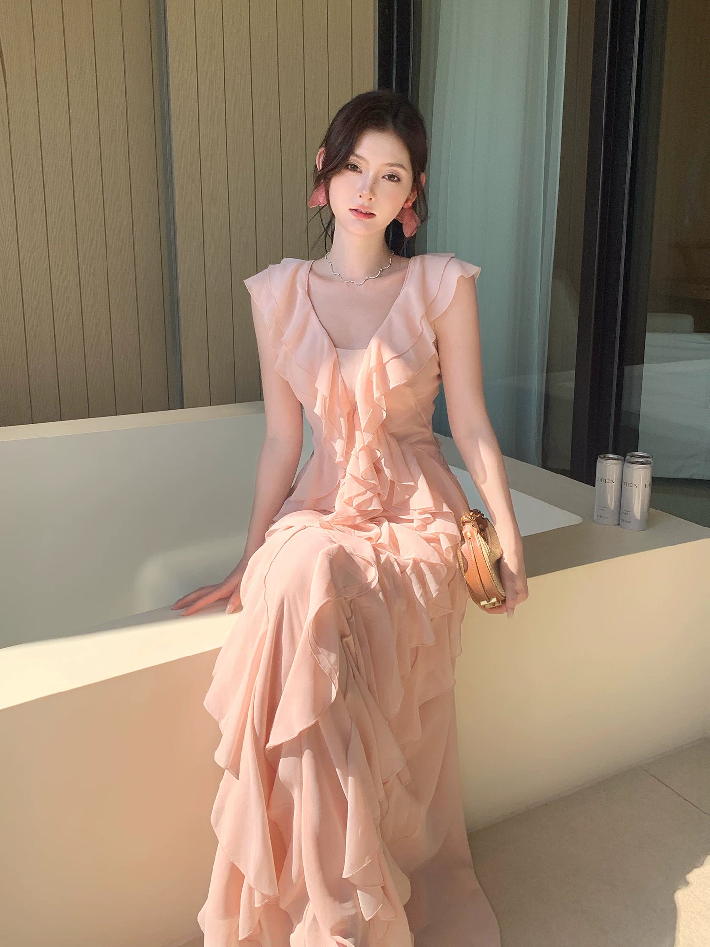 Simple A line V Neckline Chiffon Coral Pink Prom Dresses Long 16th Birthday Outfits AB2412