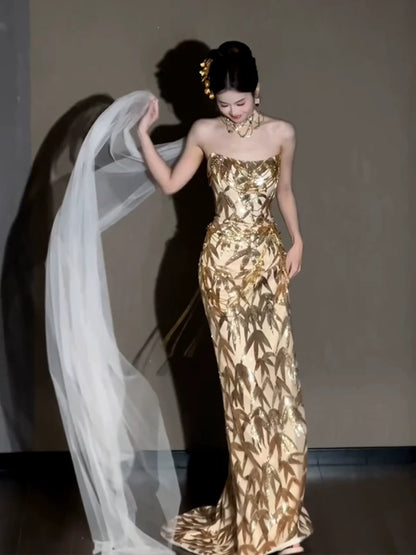 Glitter Mermaid Strapless Gold Sequins Long Formal Prom Dresses Dance Night Outfits Evening Party Gowns AB2205