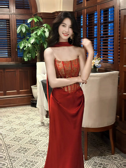 Classy Mermaid Spaghetti Strap Burgundy Satin Ankle Length Pleated Prom Dress Aesthetic Graduation Birthday Outfits N096