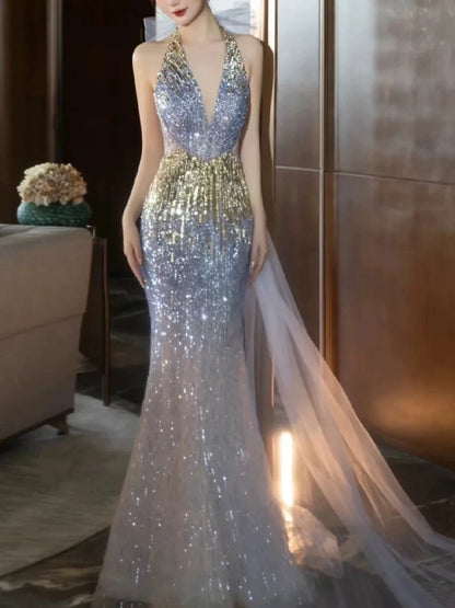Modest Mermaid Halter Sequins Prom Dresses Inspiration Long Party Evening Dress 19th Birthday Outfits AB2281
