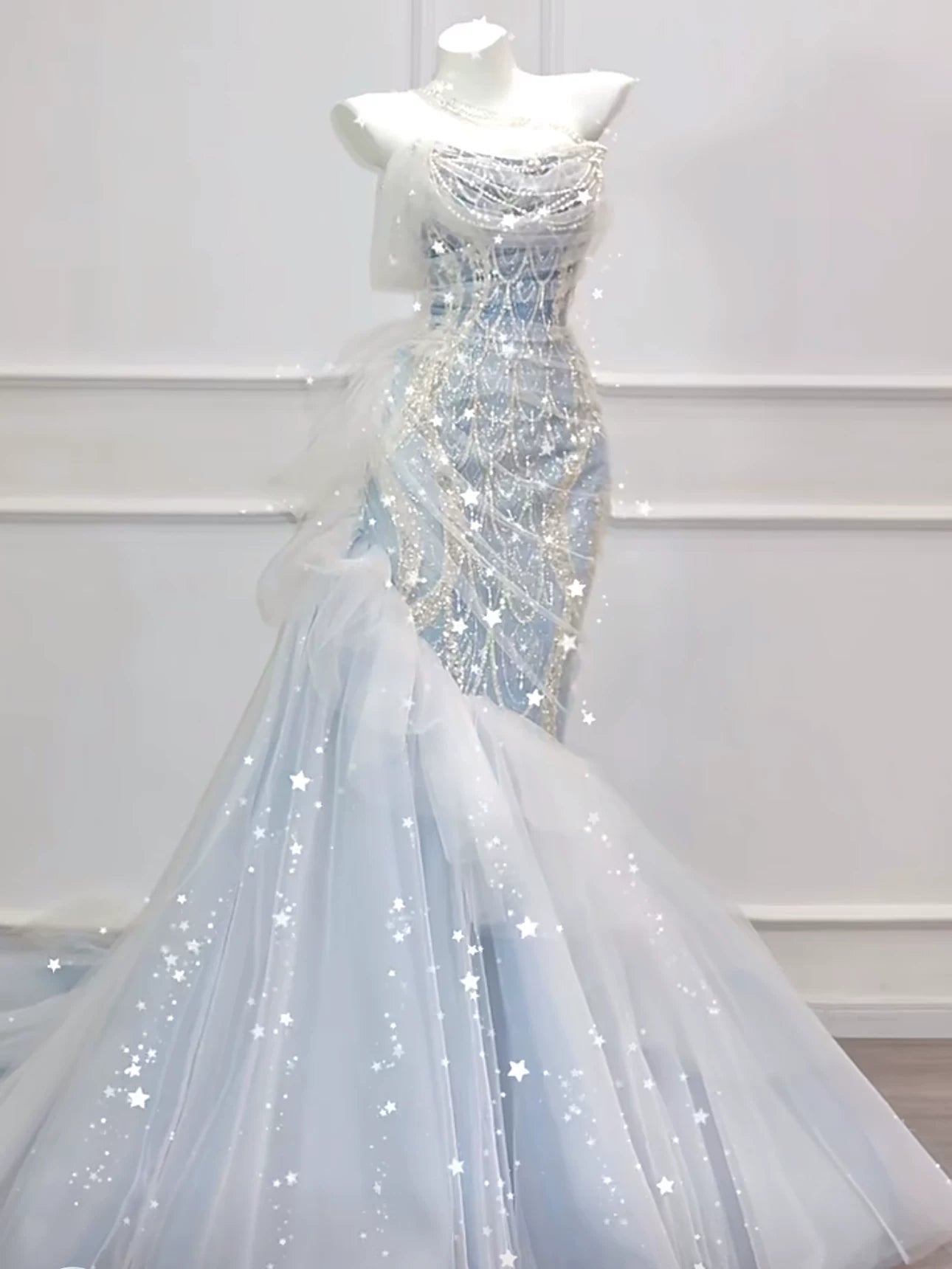 Modest Mermaid Off The Shoulder Tulle Blue With Pearls Prom Dresses Inspiration Long Party Evening Dress 21st Birthday Outfits AB2289