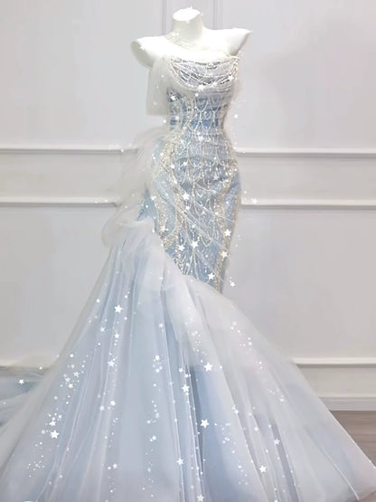 Modest Mermaid Off The Shoulder Tulle Blue With Pearls Prom Dresses Inspiration Long Party Evening Dress 21st Birthday Outfits AB2289
