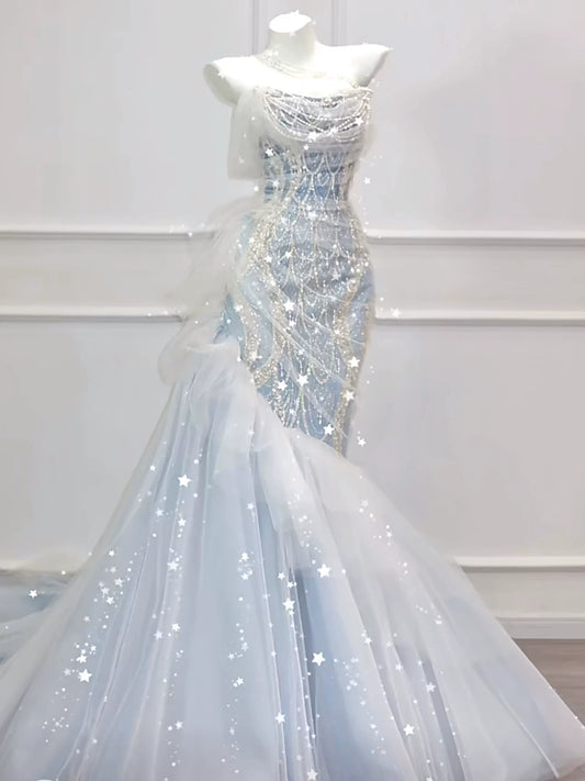 Modest Mermaid Off The Shoulder Tulle Blue With Pearls Prom Dresses Inspiration Long Party Evening Dress 21st Birthday Outfits AB2289
