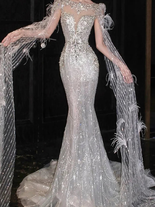 Luxurious Wedding Dresses Mermaid Scoop Neck Long Sleeves Silver Sequins Brides Dress Style For Brides Fitted Bridal Gowns AB2270