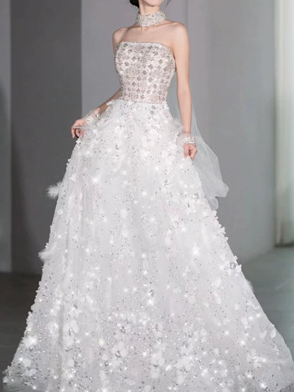 Modest Ball Gown Strapless White Sequins Prom Dresses Inspiration Long Party Evening Dress 21st Birthday Outfits AB2294