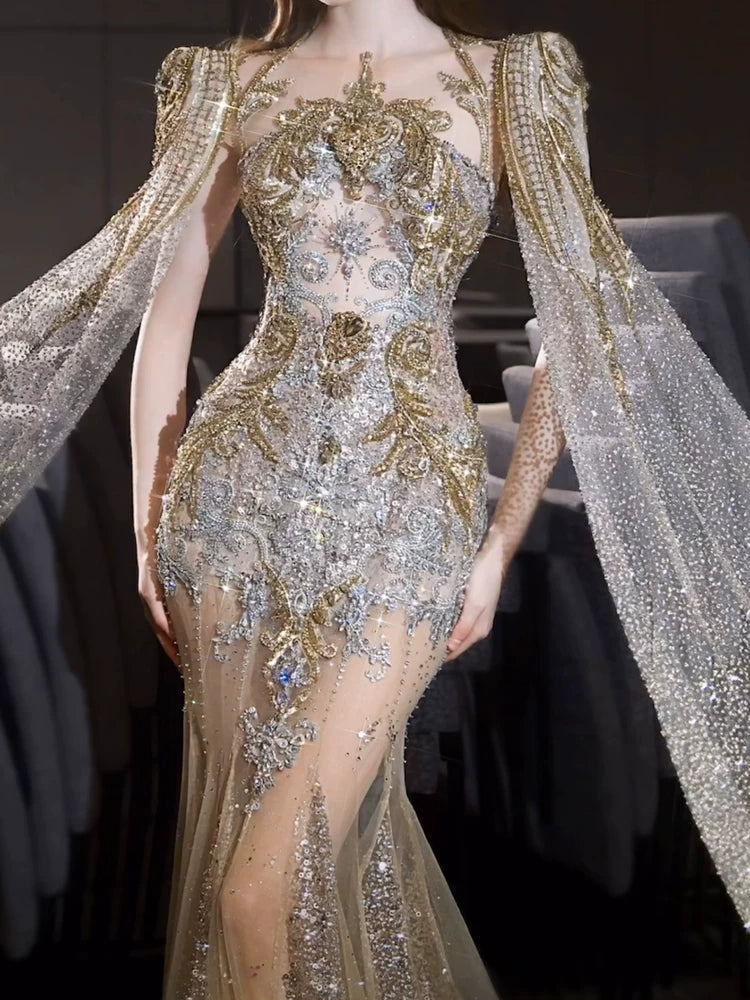 Luxurious Wedding Dresses Mermaid Scoop Neck Long Sleeves Gold With Sleeves Cape Sequins Brides Dress For Fitted Bridal Gowns AB2283