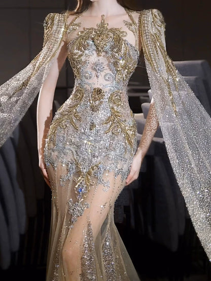 Luxurious Wedding Dresses Mermaid Scoop Neck Long Sleeves Gold With Sleeves Cape Sequins Brides Dress For Fitted Bridal Gowns AB2283
