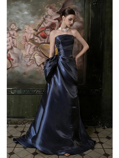 Simple Mermaid Navy Blue Strapless With Pleated Prom Dresses Inspiration Long Party Night Evening Gowns 19th Birthday Outfits AB2268