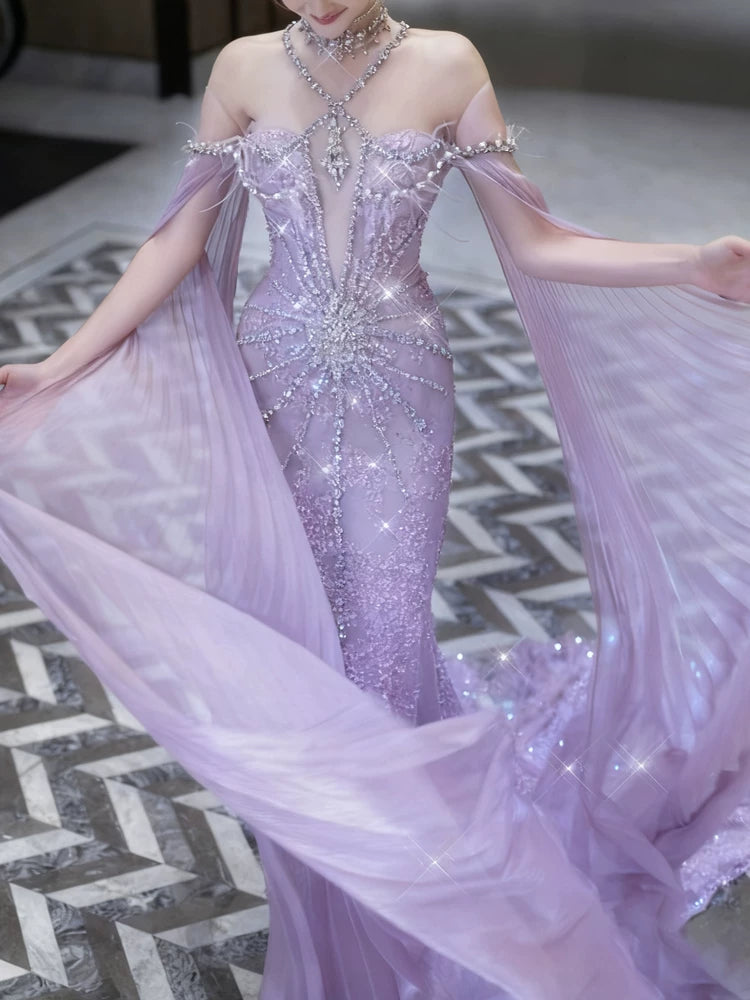 Sparkly Mermaid Halter Lilac Sequins Prom Dresses Inspiration Long Party Night Gowns 20th Birthday Outfits AB2295