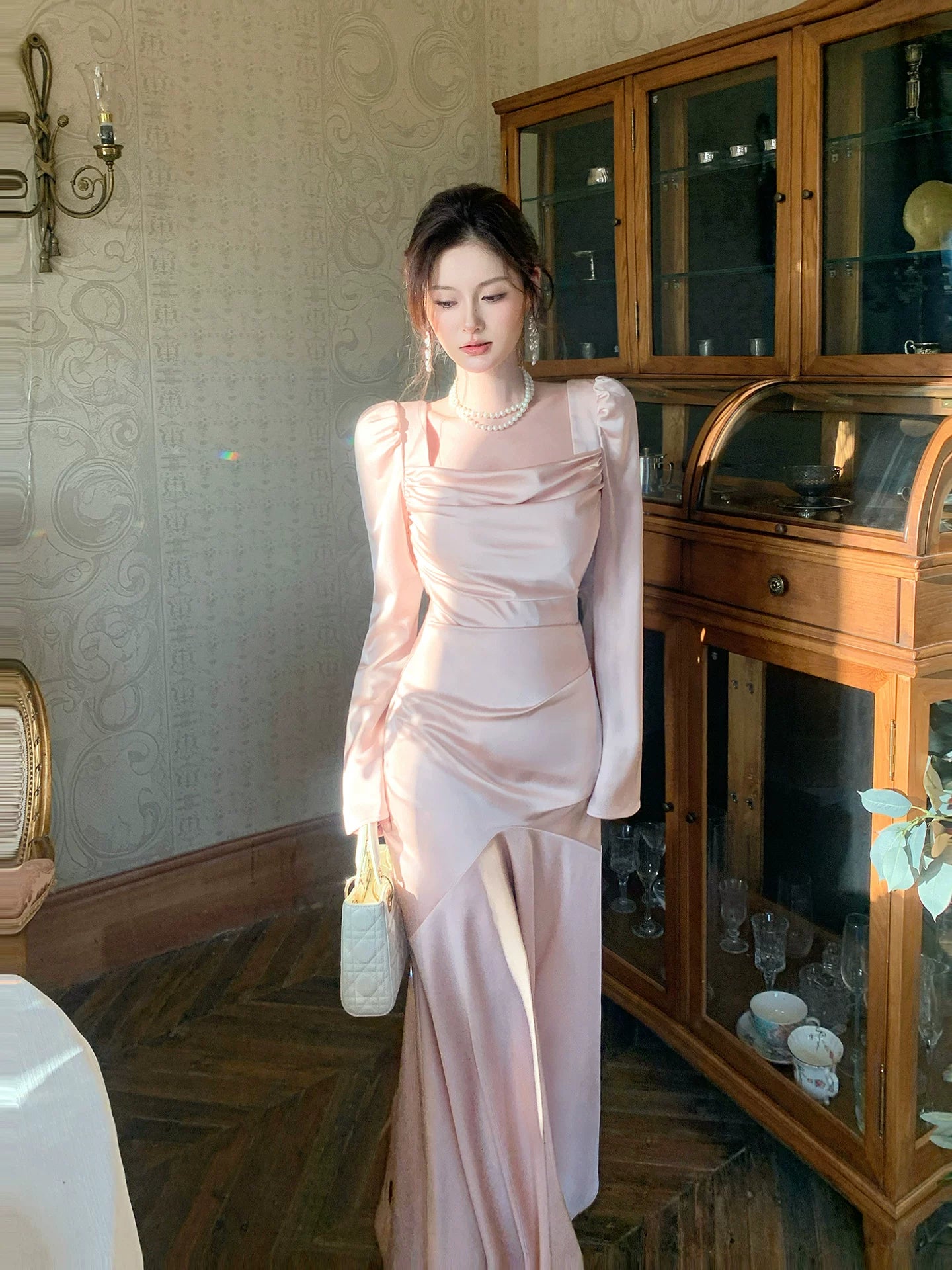 Modest Mermaid Square Neck Pink Satin Long Sleeves Prom Dresses Wedding Guest Dress 16th Birthday Outfits AB2446