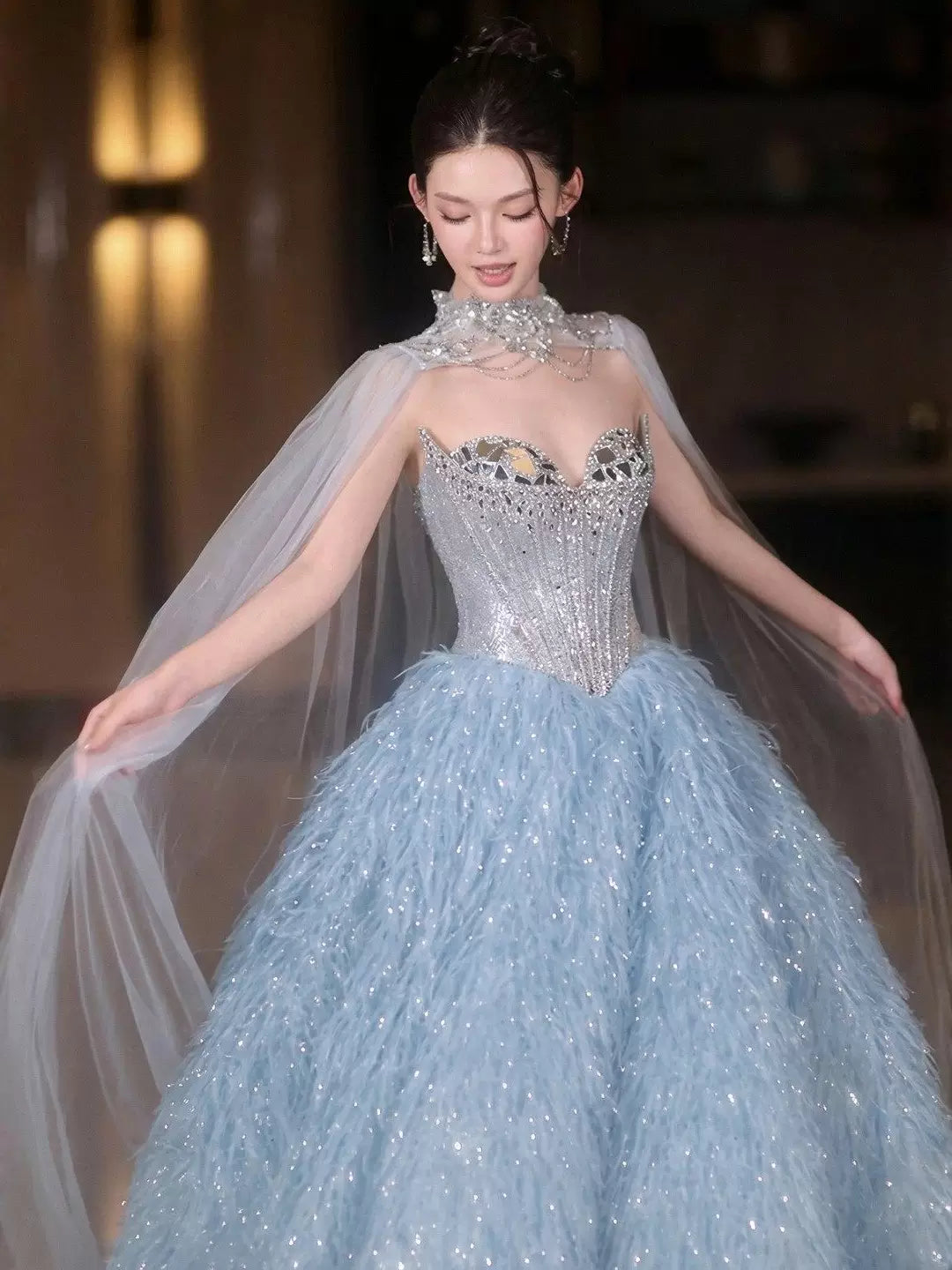 Sparkly Ball Gowns 2026 Strapless Blue With Beaded Cape Prom Dresses Inspiration Long Party Night Evening Gowns 19th Birthday Outfits AB2266