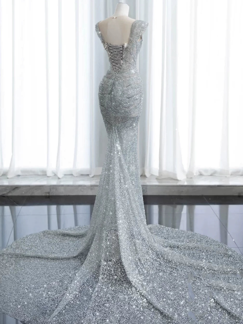Modest Mermaid Square Neck Sequins With Beaded Silver Gray Prom Dresses Inspiration Long Party Evening Dress 19th Birthday Outfits AB2276