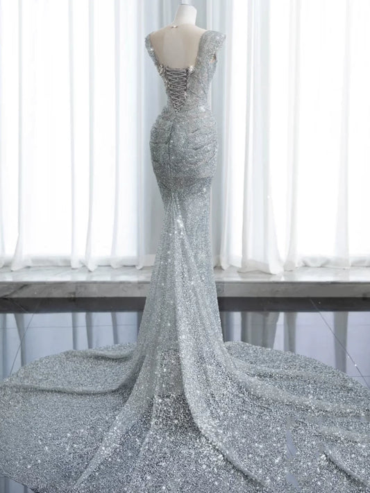 Modest Mermaid Square Neck Sequins With Beaded Silver Gray Prom Dresses Inspiration Long Party Evening Dress 19th Birthday Outfits AB2276