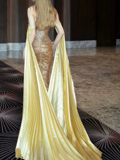 Modest Mermaid Strapless Gold Long Sleeves Slit Sequins Prom Dresses Inspiration Long Party Evening Dress 21st Birthday Outfits AB2287