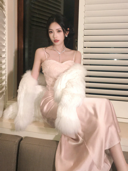 Sexy Mermaid Spaghetti Straps Pink Satin Prom Dresses Wedding Guest Dress 20th Birthday Outfits AB2464