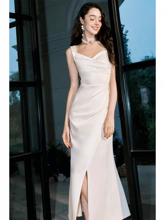 Sexy Sheath Sweetheart White Satin Ankle Length Prom Dresses Wedding Guest Dress 22th Birthday Outfits AB2509