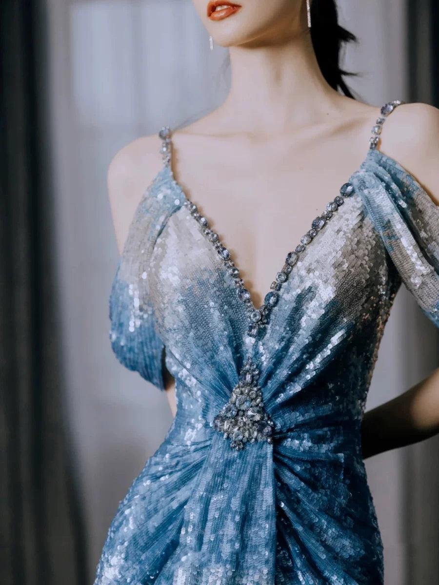Modest Mermaid V Neck Ombre Blue Sequins With Pleated Prom Dresses Inspiration Long Party Evening Dress 19th Birthday Outfits AB2278