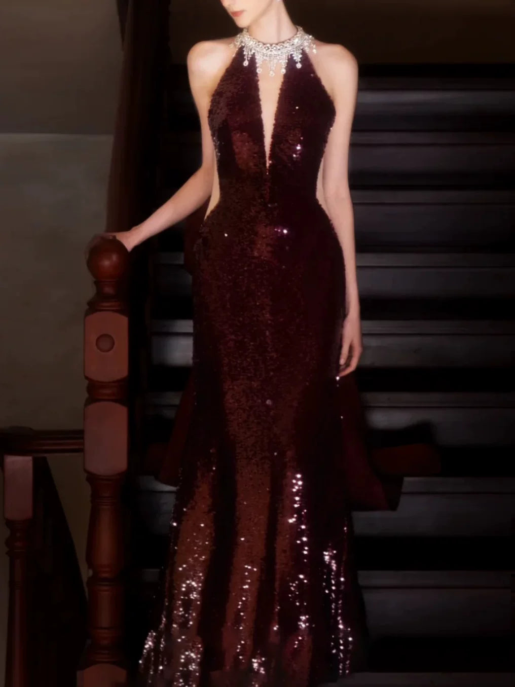 Modest Mermaid High Neck Sequins Burgundy Prom Dresses Inspiration Long Party Evening Dress 21st Birthday Outfits AB2293