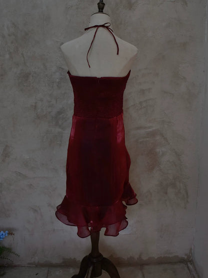 Vintage Sheath Halter Burgundy Short Cocktail Dress 16th Birthday Outfits Homecoming Dresses Night Party Gown AB2382