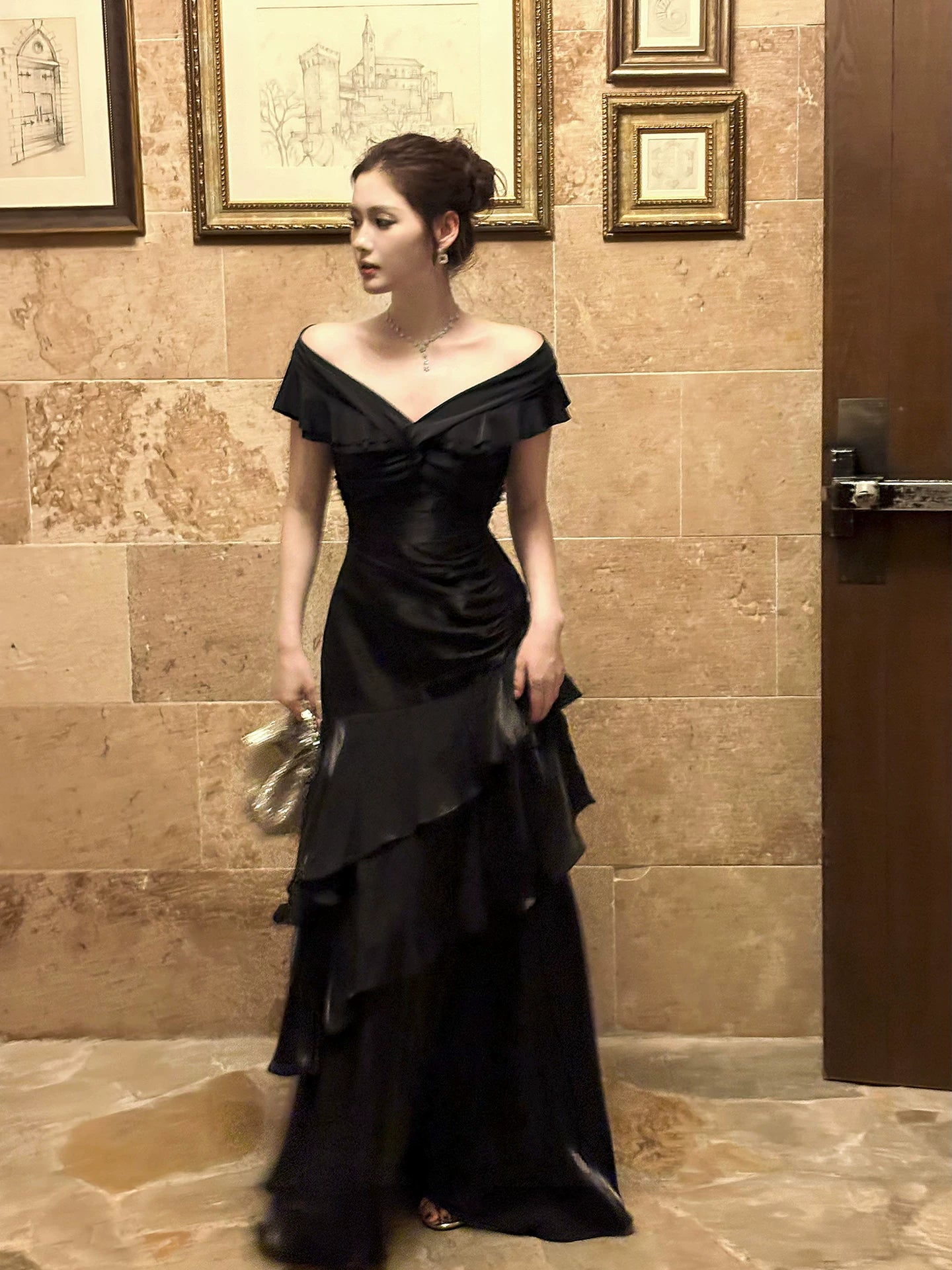 Classy Mermaid Off The Shoulder Black With Short Sleeves Floor Length Pleated Prom Dress Graduation 20th Birthday Outfits N100