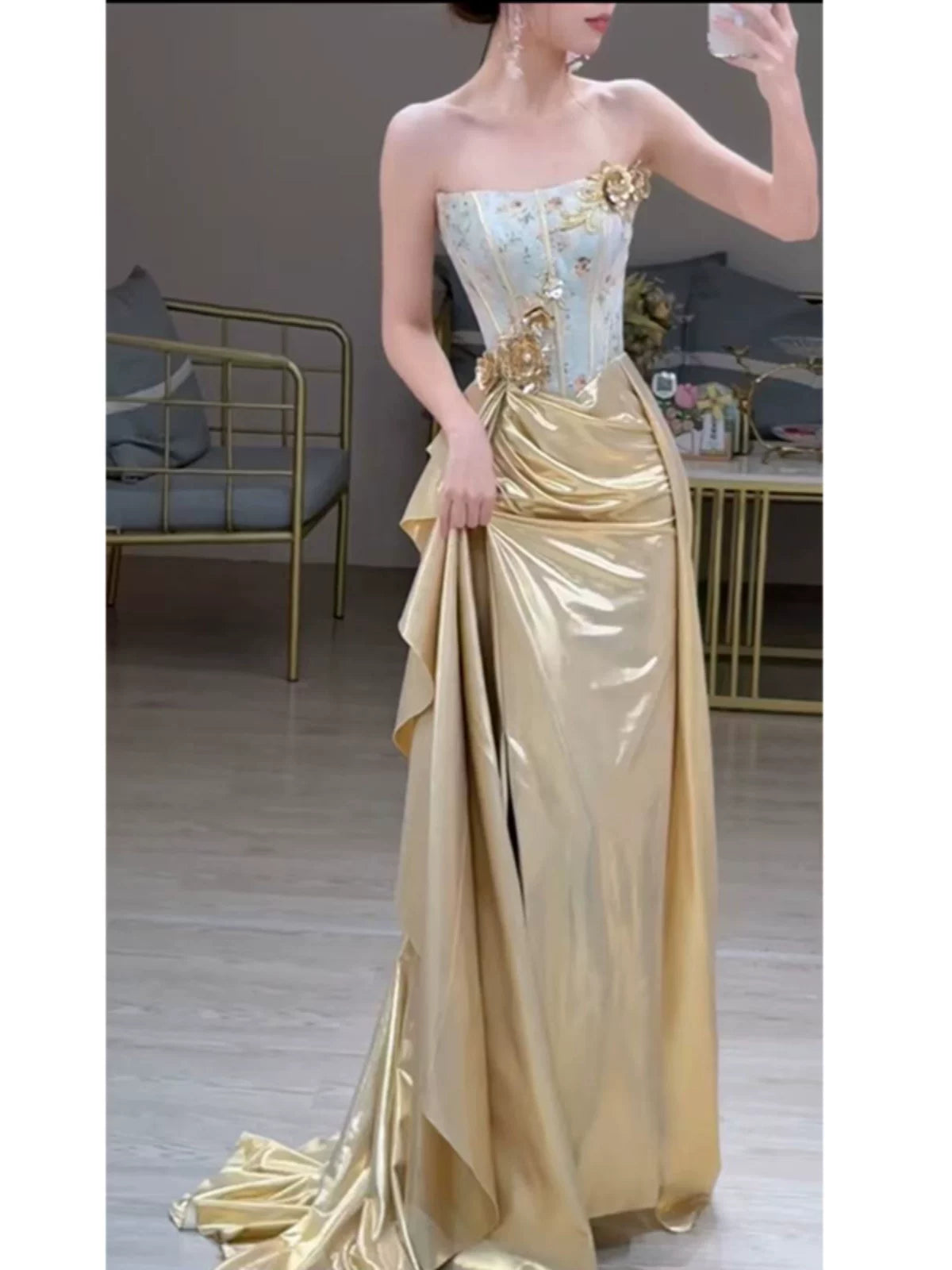 Modest Mermaid Strapless Gold With Slit Long Prom Dress Fashion Aesthetic High School Formal Dresses Party Outfits Prom Gown AB2235