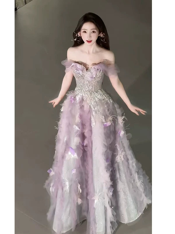 Sweet Ball Gown Off The Shoulder Tulle Pink Prom Dresses Inspiration Long Party Night Gowns 20th Birthday Outfits AB2238