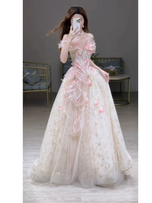 Princess Ball Gown Off The Shoulder Tulle Pink Prom Dresses Inspiration Long Party Night Gowns 20th Birthday Outfits AB2236