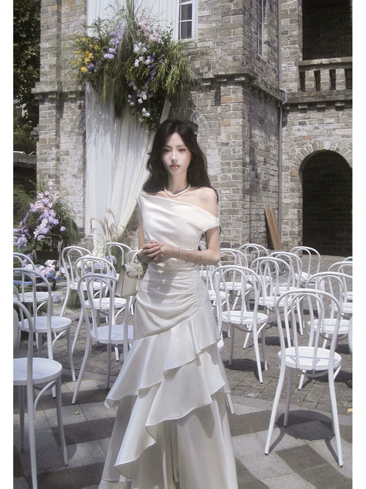 Simple A Line Off The Shoulder White Satin Floor Length Prom Dresses Aesthetic Graduation Birthday Outfits N087