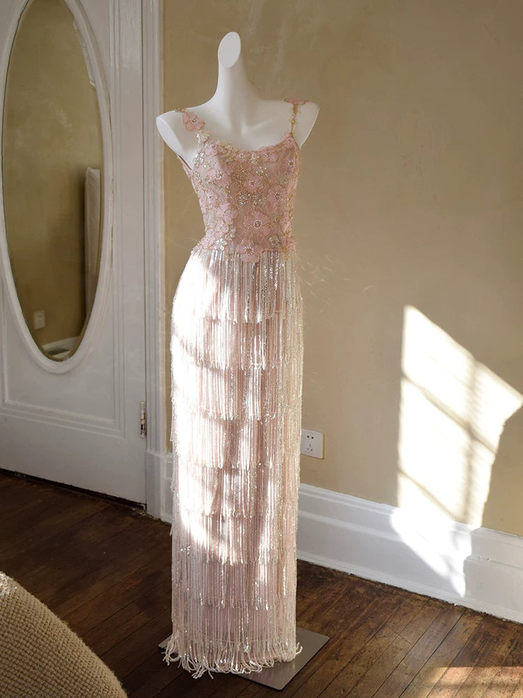 Glittery Sheath Spaghetti Straps Pink Tassel Pink Prom Dresses Inspiration Long Party Evening Dress 20th Birthday Outfits AB2344