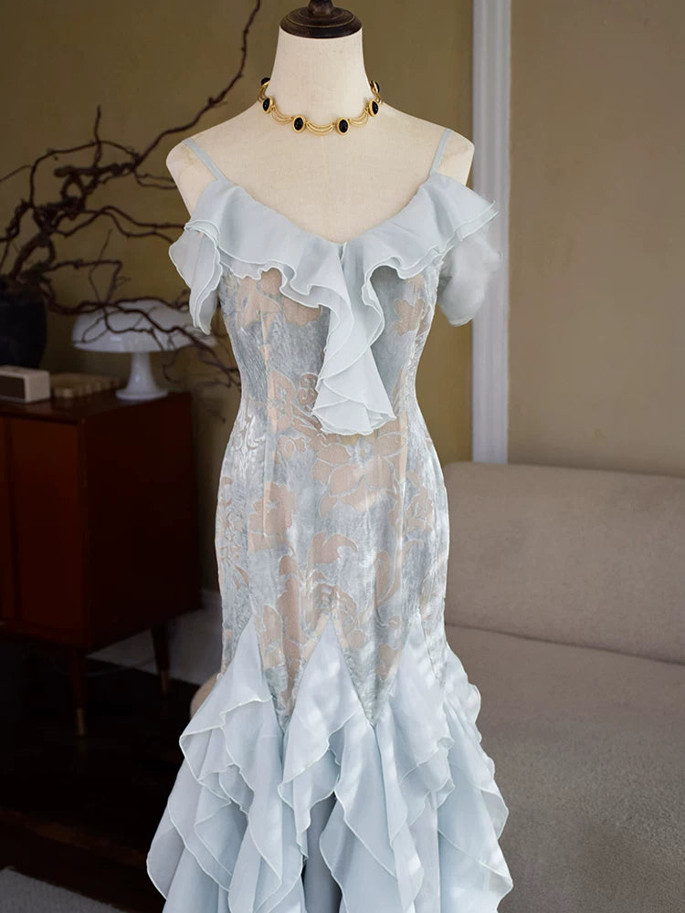 Vintage 1960s Mermaid Spaghetti Straps Light Sky Blue Chiffon Prom Dresses Inspiration Long Party Dress 18th Birthday Outfits AB2388