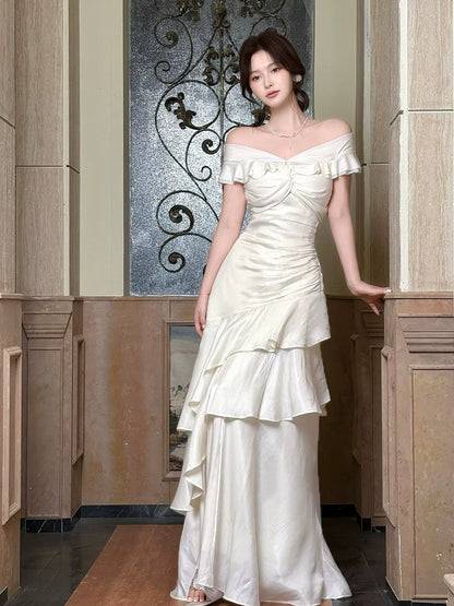 Elegant Mermaid Off The Shoulder White Long Prom Dresses 16th Nigh Party Birthday Outfits AB2504