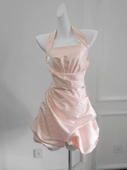 Vintage Ball Gown Halter Pink Short Cocktail Dress 16th Birthday Outfits Homecoming Dresses Night Party Gown AB2371