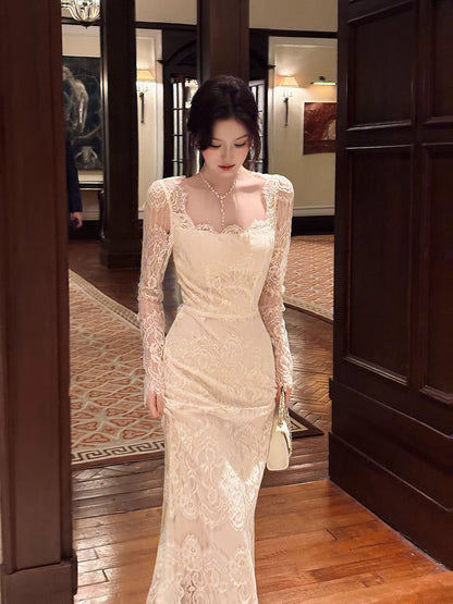 Sexy Mermaid Square Neck Lace White Long Sleeves Ankle Length Prom Dresses Wedding Guest Dress 22th Birthday Outfits AB2491