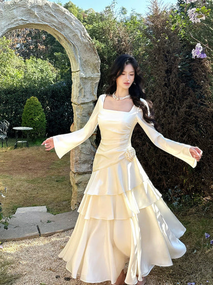 Modest Mermaid Square Neck Ivory Satin Long Sleeves Prom Dresses Wedding Guest Dress 16th Birthday Outfits AB2448