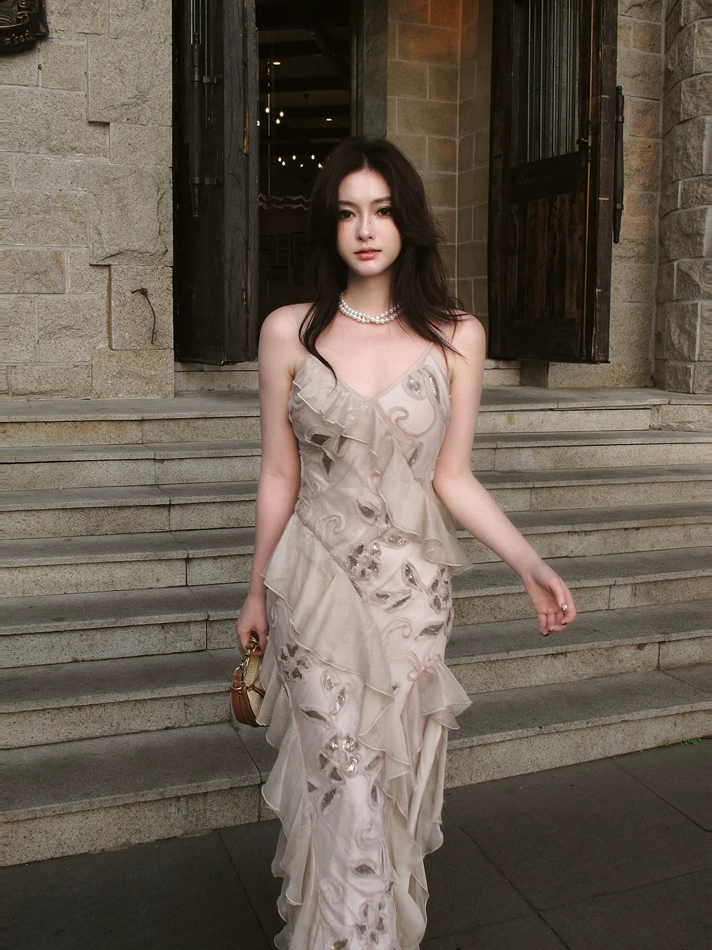 Elegant Mermaid Spaghetti Strap Pink Chiffon Rose Sequin Long Layered Prom Dress Aesthetic Graduation Evening Outfits N085