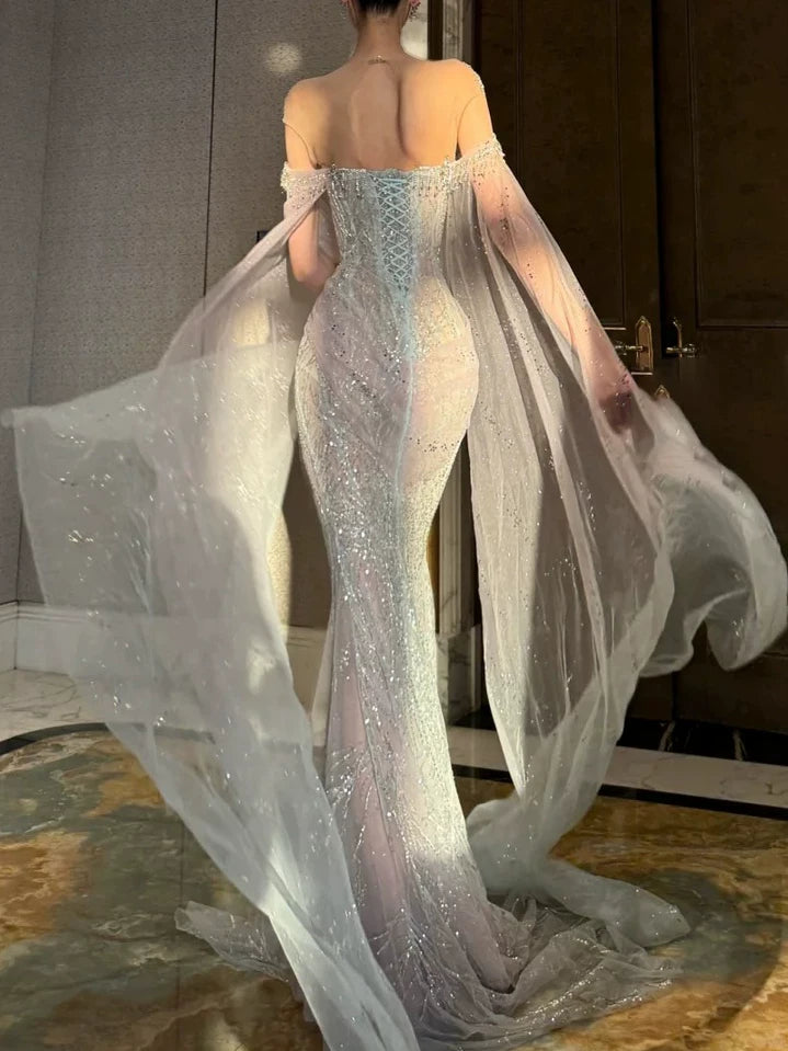 Sparkly Wedding Dresses Mermaid Scoop Neck With Long Sleeves Cape Silver Gray Sequins Brides Dress For Brides Fitted Bridal Gown AB2336
