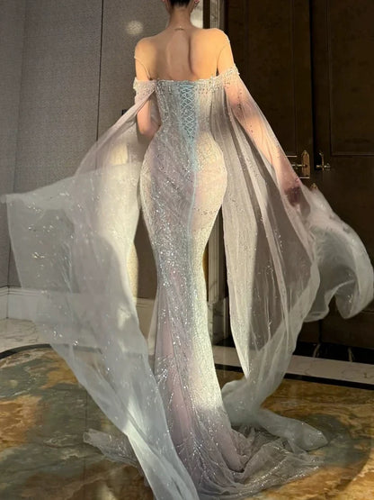 Sparkly Wedding Dresses Mermaid Scoop Neck With Long Sleeves Cape Silver Gray Sequins Brides Dress For Brides Fitted Bridal Gown AB2336