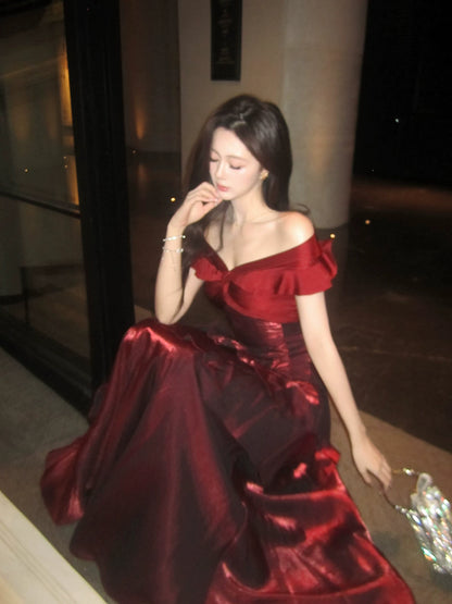 Elegant Mermaid Off The Shoulder Burgundy Long Prom Dresses 16th Nigh Party Birthday Outfits AB2460