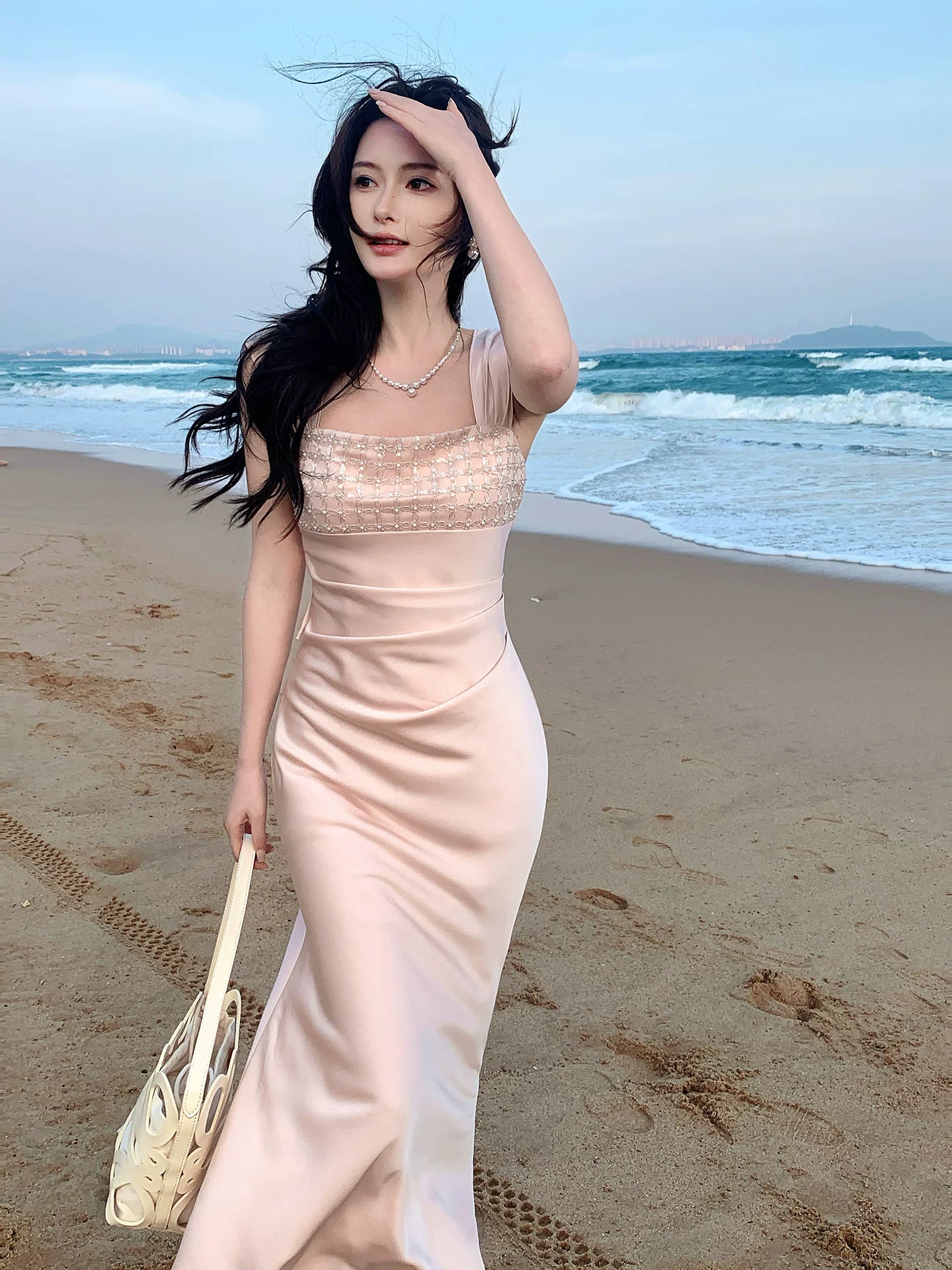 Elegant Mermaid Square Neck Satin Pink Ankle Length Prom Dresses 16th Nigh Party Birthday Outfits AB2421