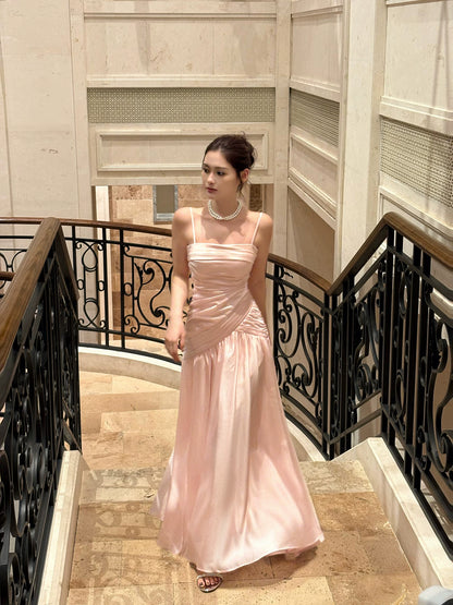 Elegant Mermaid Spaghetti Strap Pink Satin Long Pleated Prom Dress Aesthetic Long Graduation Birthday Holiday Outfits N083