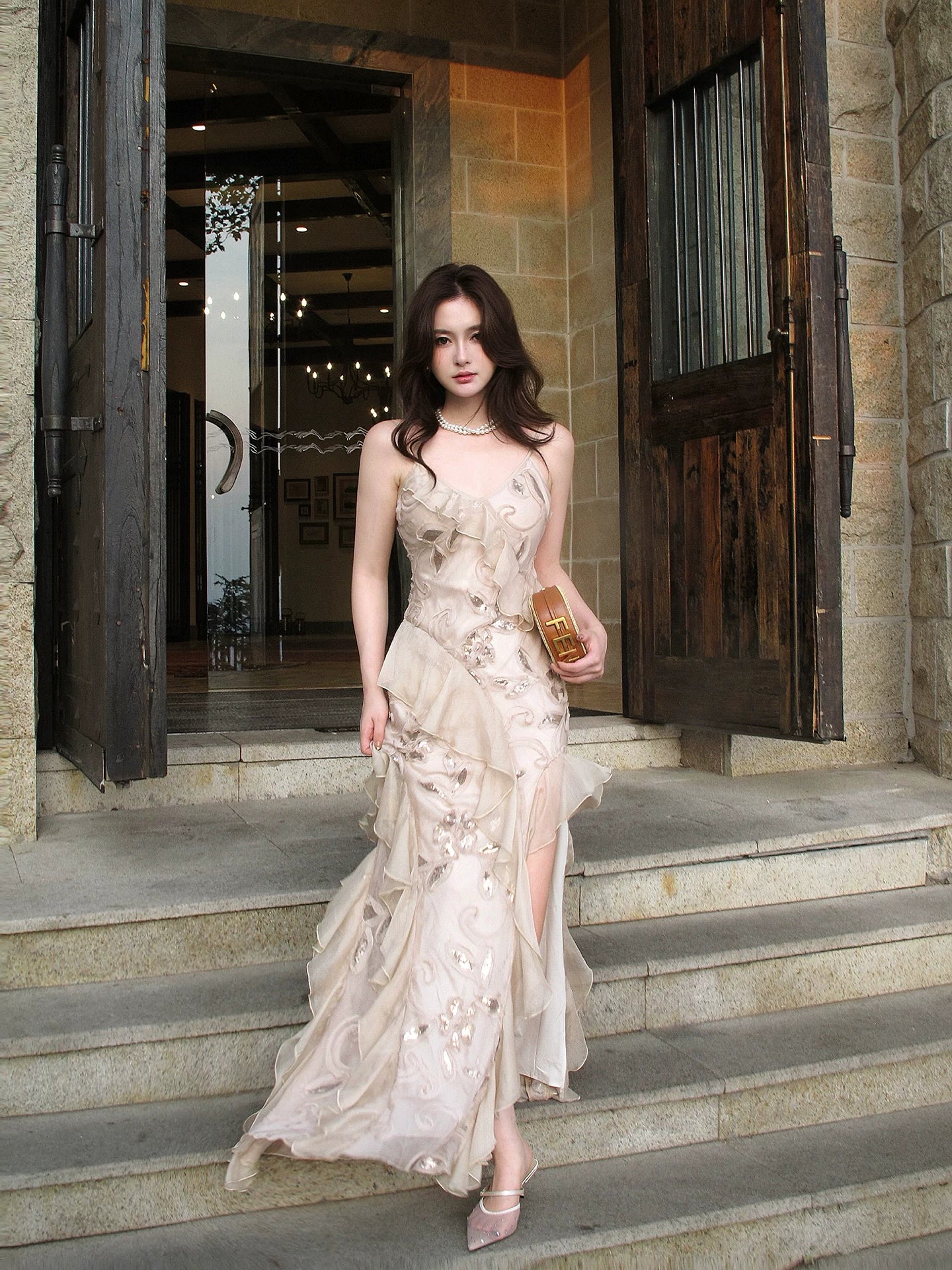 Elegant Mermaid Spaghetti Strap Pink Chiffon Rose Sequin Long Layered Prom Dress Aesthetic Graduation Evening Outfits N085