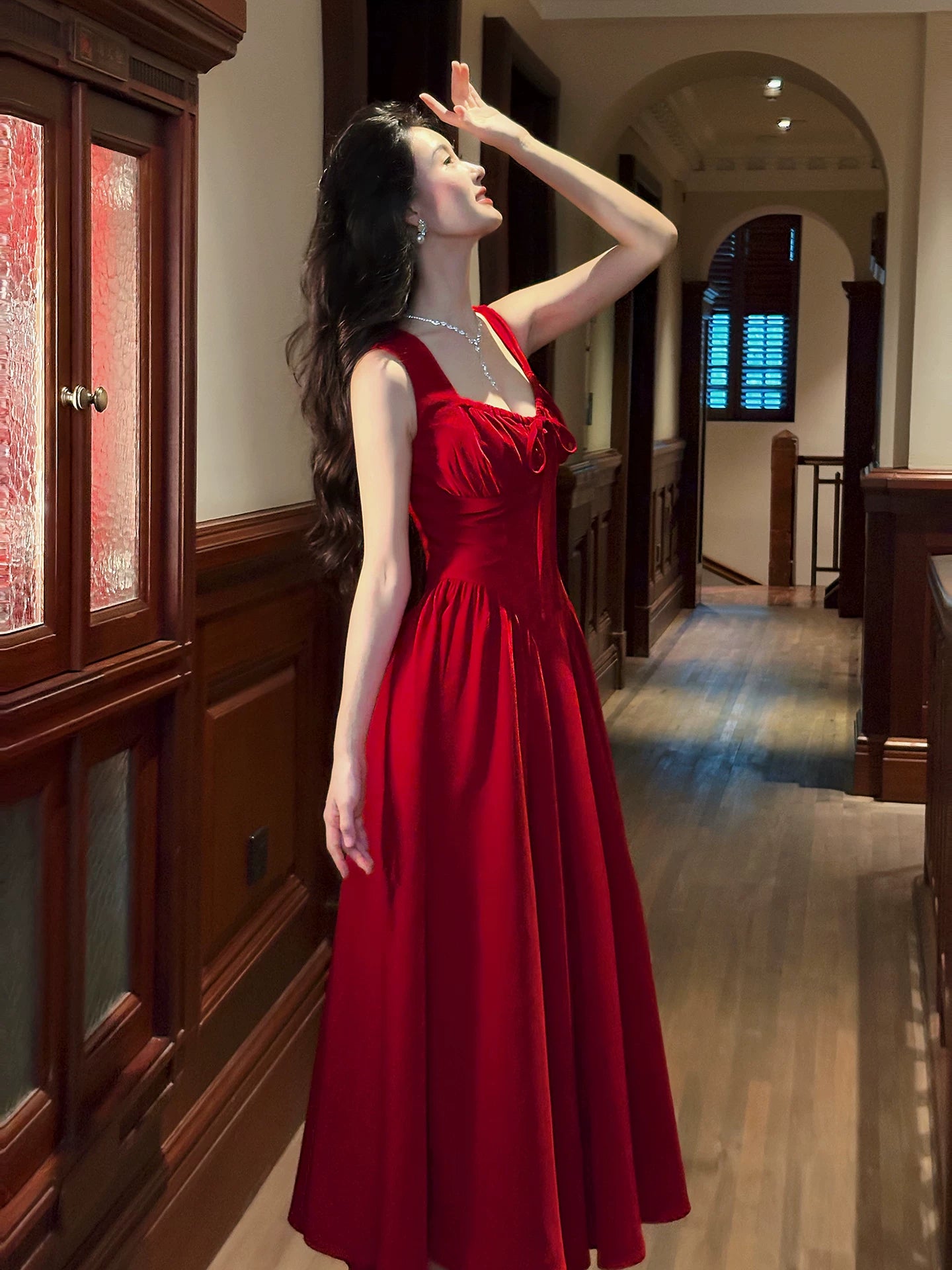 Simple A Line Square Neck Red Chiffon Mid Length Prom Dress Aesthetic Graduation Evening Outfits N080