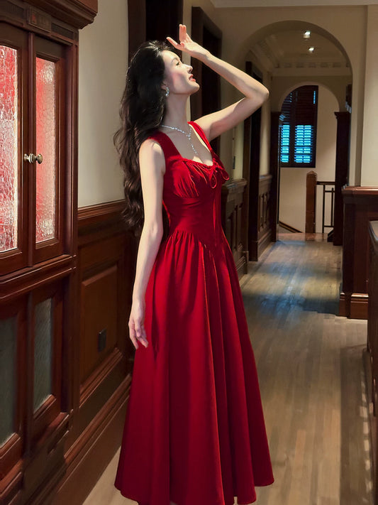 Simple A Line Square Neck Red Chiffon Mid Length Prom Dress Aesthetic Graduation Evening Outfits N080