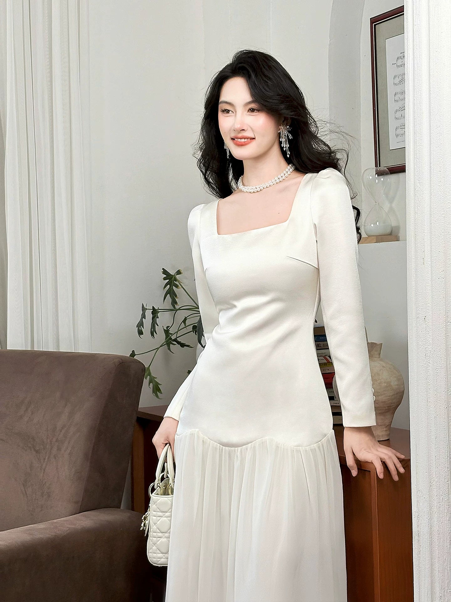 Simple A Line Square Neck Drop Waist White Chiffon Mid Length Prom Dress Aesthetic Graduation Evening Outfits N082