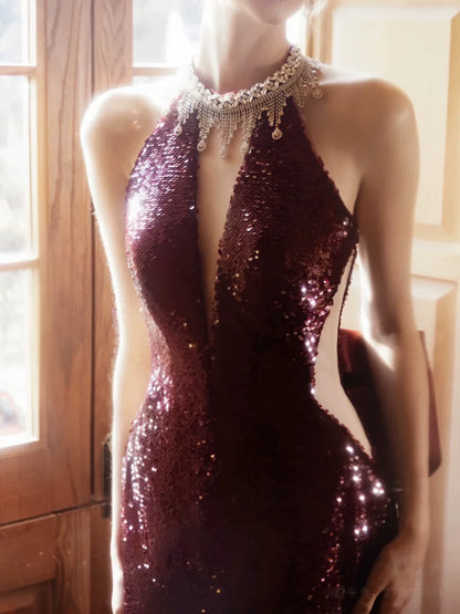 Modest Mermaid High Neck Sequins Burgundy Prom Dresses Inspiration Long Party Evening Dress 21st Birthday Outfits AB2293