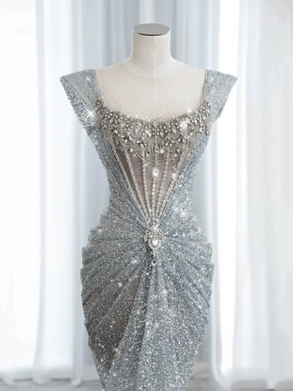 Modest Mermaid Square Neck Sequins With Beaded Silver Gray Prom Dresses Inspiration Long Party Evening Dress 19th Birthday Outfits AB2276