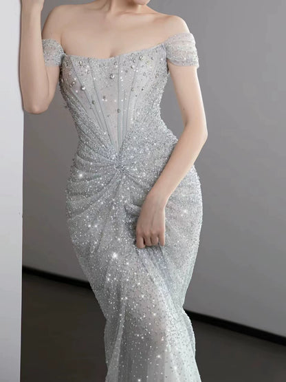 Modest Mermaid Off The Shoulder Silver Sequins With Pleated Prom Dresses Inspiration Long Party Night Evening Dress 19th Birthday Outfits AB2271