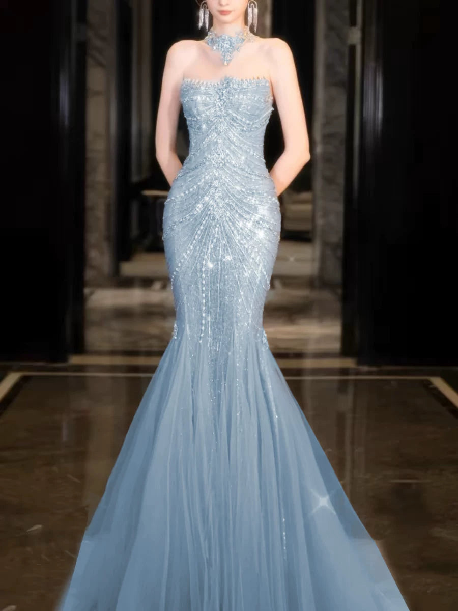 Modest Mermaid Strapless Lilac Sequins Prom Dresses Inspiration Long Party Evening Dress 21st Birthday Outfits AB2284