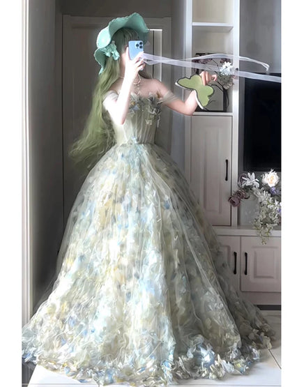 Princess Ball Gown Strapless Floral Forest Green Tulle Bodice Prom Dresses Inspiration Long Party Night Gowns 20th Birthday Outfits AB2264
