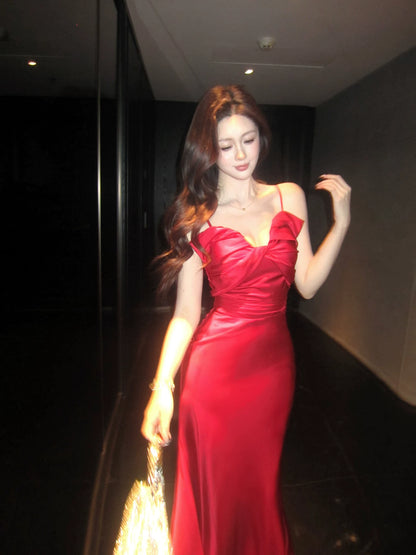 Elegant Mermaid Spaghetti Straps Red Satin Ankle Length Prom Dresses 17th Nigh Party Birthday Outfits AB2459